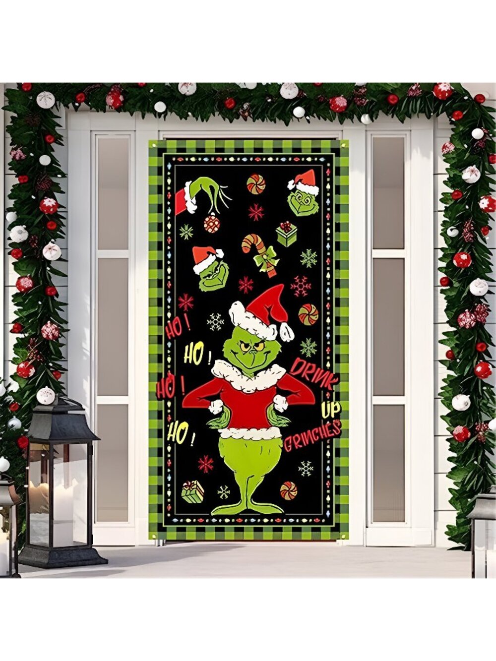 Green Christmas Decor Door Cover Christmas Door Cover 6 X 3ft Black Buffalo Grid